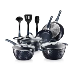 Home-Kitchen 28 NutriChef 11 Piece Nonstick Diamond Pattern Kitchen Cookware Set, Dark Blue