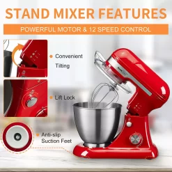 Geek Chef GSM45R Stainless Steel 4.8 Quart Bowl 12 Speed Baking Stand Mixer, Red -Home-Kitchen 5227805 ALT2