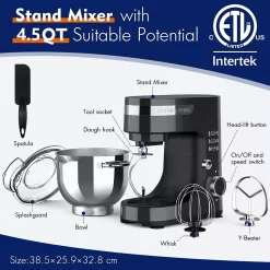 Whall Kinfai Electric Kitchen Stand Mixer Machine With 4.5 Quart Bowl For Baking, Dough, Cooking - Black 9 Whall Kinfai Electric Kitchen Stand Mixer Machine With 4.5 Quart Bowl For Baking, Dough, Cooking - Black -Home-Kitchen 5413462 ALT3