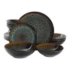 Gibson Elite Kyoto 16 Piece Double Bowl Dinnerware Set, Service For 4, Teal