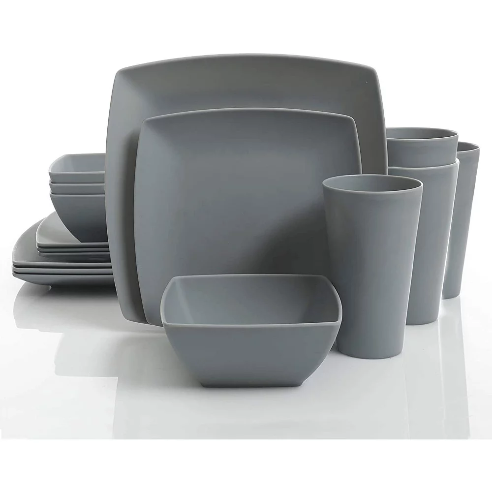 Gibson Home 16 Piece Square Melamine Dinnerware Set Plates, Bowls, & Cups, Grey 3 Gibson Home 16 Piece Square Melamine Dinnerware Set Plates, Bowls, & Cups, Grey