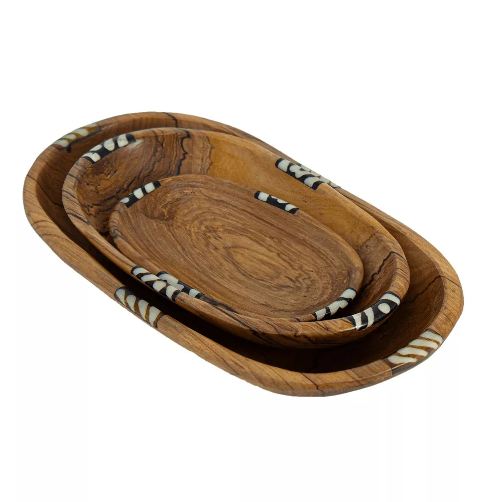 Global Crafts Nested Oval Olive Wood Serving Bowls With Bone Inlay Accent 3 Global Crafts Nested Oval Olive Wood Serving Bowls With Bone Inlay Accent