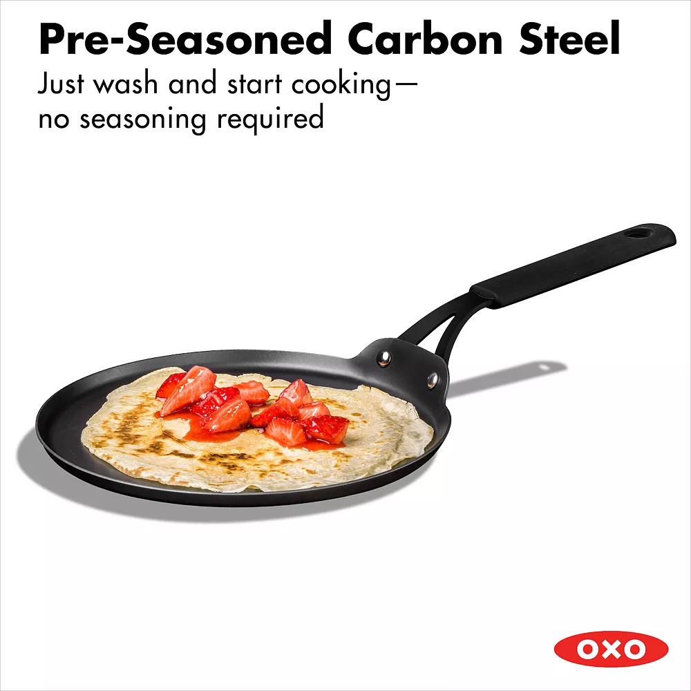 OXO Obsidian Pre-Seasoned Carbon Steel 10-in. Induction Crepe Pan With Removable Silicone Handle Holder 4 OXO Obsidian Pre-Seasoned Carbon Steel 10-in. Induction Crepe Pan With Removable Silicone Handle Holder - Image 2