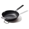 OXO Obsidian Pre-Seasoned Carbon Steel 12-in. Induction Wok Pan With Removable Silicone Handle Holder -Home-Kitchen 5918402