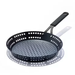 OXO Obsidian Pre-Seasoned Carbon Steel 12-in. Frypan With Holes For Grilling With Removable Silicone Handle Holder