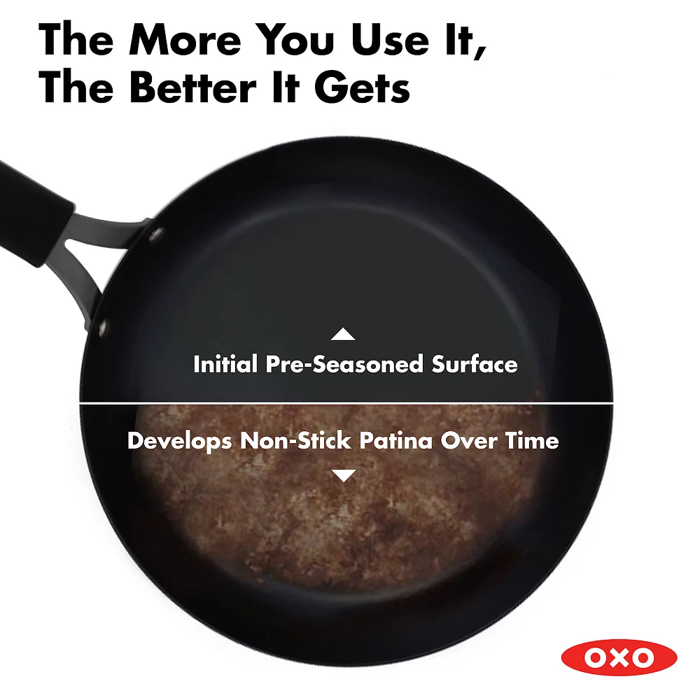 OXO Obsidian Pre-Seasoned Carbon Steel 12-in. Frypan With Holes For Grilling With Removable Silicone Handle Holder 5 OXO Obsidian Pre-Seasoned Carbon Steel 12-in. Frypan With Holes For Grilling With Removable Silicone Handle Holder - Image 3