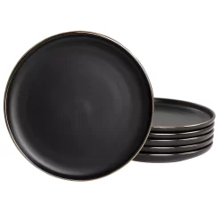 Elama Paul 6 Piece Stoneware Salad Plate Set In Matte Black With Gold Rim