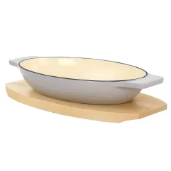 Martha Stewart 2 Piece Enameled Cast Iron Oval Casserole Birch Wood Trivet Set In Taupe