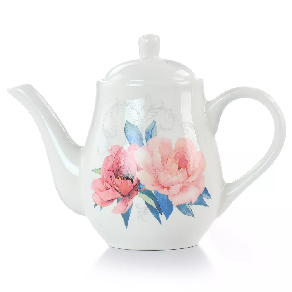 Gibson Everyday 1.4 Quart Floral Ceramic Tea Pot In White 5 Gibson Everyday 1.4 Quart Floral Ceramic Tea Pot In White - Image 3