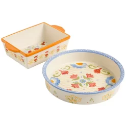 Laurie Gates Tierra Hand Painted 2 Piece 1.8 Qt Pie Dish And 1.6 Qt Bakeware Set