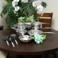 Oster Cocina Ridgewell 13 Piece Stainless Steel Belly Shape Cookware Set In Silver Mirror Polish With Hollow Handle -Home-Kitchen 6036885 ALT2