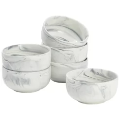 Set Of 6 Porcelain Pasta Bowls, Gray Marble Design Dinnerware For Salad And Soup (6 X 3 In, 28 Oz)