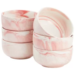 Set Of 6 Porcelain Pasta Bowls, Pink Marble Design Dinnerware For Salad And Soup (6 X 3 In, 28 Oz)