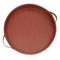 Faux Leather Round Serving Tray With Handles For Coffee Table And Ottoman (Brown, 14.5 X 2 In)