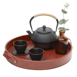 Faux Leather Round Serving Tray With Handles For Coffee Table And Ottoman (Brown, 14.5 X 2 In) -Home-Kitchen 6094756 ALT2