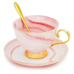 3-Piece Blue Marble Tea Cup And Saucer Gift Set For 1, 7 Oz Teacup With Gold Spoon