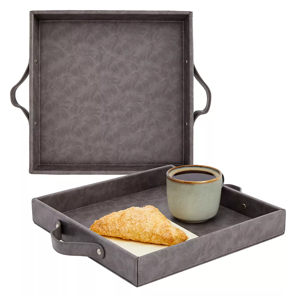 Set Of 2 Square Leather Serving Trays, 12x12 Valet For With Handles For Ottoman, Coffee Table (Dark Grey) 2 Set Of 2 Square Leather Serving Trays, 12x12 Valet For With Handles For Ottoman, Coffee Table (Dark Grey)