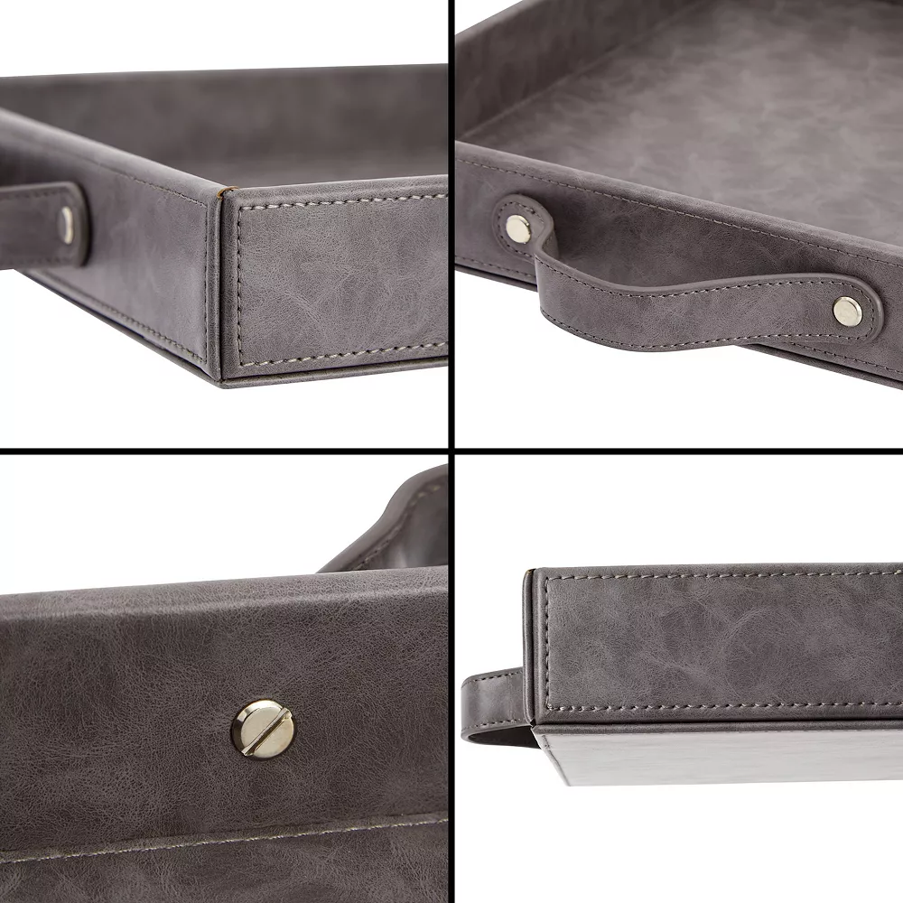Set Of 2 Square Leather Serving Trays, 12x12 Valet For With Handles For Ottoman, Coffee Table (Dark Grey) 4 Set Of 2 Square Leather Serving Trays, 12x12 Valet For With Handles For Ottoman, Coffee Table (Dark Grey) - Image 3