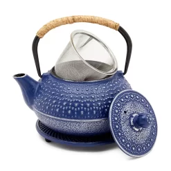 3 Piece Set Blue Japanese Cast Iron Teapot, Loose Leaf Tetsubin With Infuser And Trivet (27 Oz)