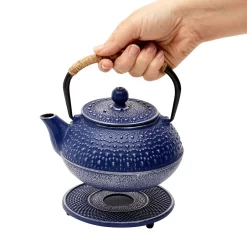 3 Piece Set Blue Japanese Cast Iron Teapot, Loose Leaf Tetsubin With Infuser And Trivet (27 Oz) -Home-Kitchen 6096301 ALT2