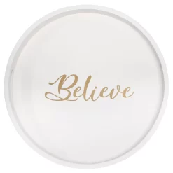 Elegant Designs Decorative 13.75" Round Wood Serving Tray With Handles, "Believe"
