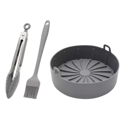 4-Piece Set Silicone Pot Basket With Handles, Brush, Tongs For Air Fryer Liner (7.5 In, Gray)