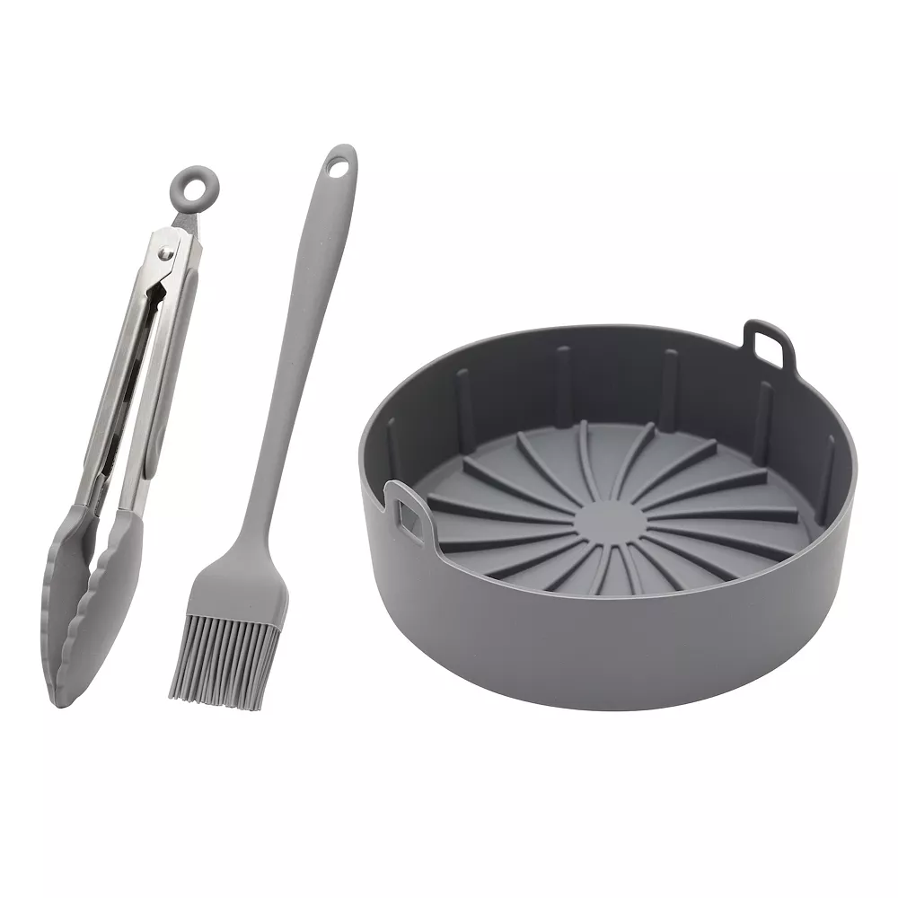 4-Piece Set Silicone Pot Basket With Handles, Brush, Tongs For Air Fryer Liner (7.5 In, Gray) 3 4-Piece Set Silicone Pot Basket With Handles, Brush, Tongs For Air Fryer Liner (7.5 In, Gray)