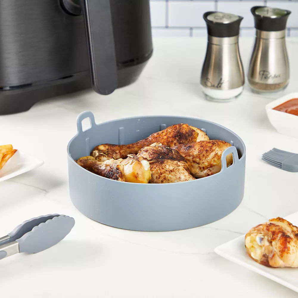 4-Piece Set Silicone Pot Basket With Handles, Brush, Tongs For Air Fryer Liner (7.5 In, Gray) 4 4-Piece Set Silicone Pot Basket With Handles, Brush, Tongs For Air Fryer Liner (7.5 In, Gray) - Image 2